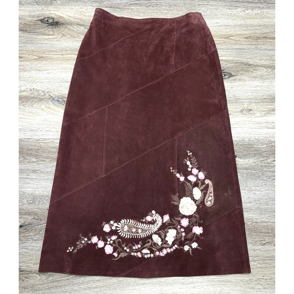 Vintage Y2K J. Marco Skirt Womens 16 Suede Leather Maxi Embroidered Red Burgundy